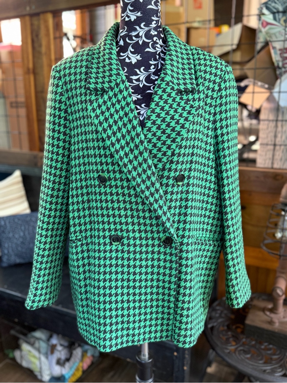 Double-Breasted Green Houndstooth Blazer Jacket